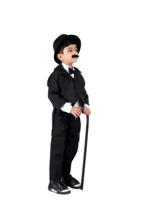 BookMyCostume Charlie Chaplin Dress for Boys | Comic Character Fancy Dress Costume | Charlie Chaplin Costume for Kids | With Stick